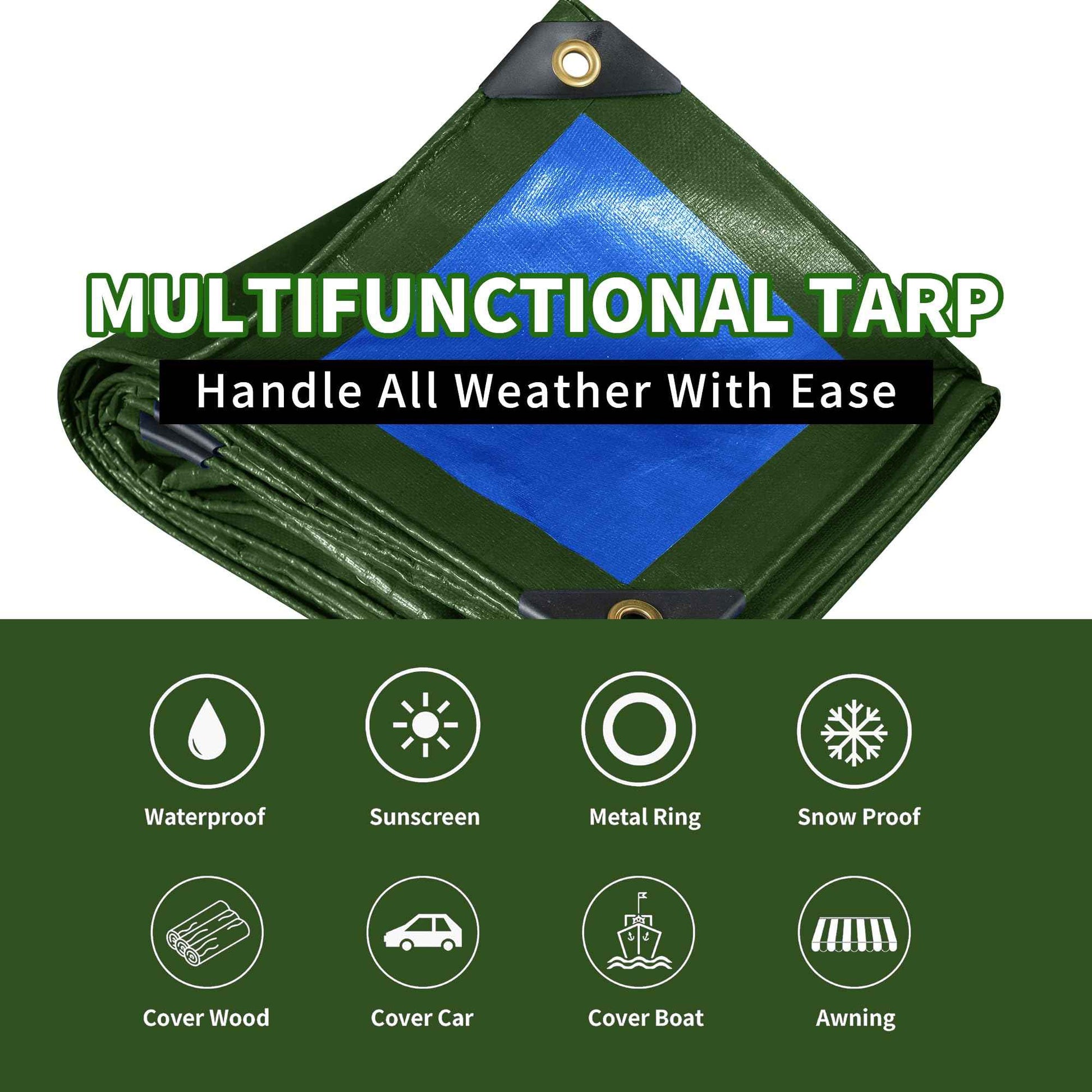TARPAL 4x8FT Heavy Duty Waterproof Tarp 16mil Thick Tarps with Metal Grommets Every 17.7" UV Protection&Tear -Resistant Cover for Firewood,Roof,Pool,Car,RV&Outdoor Furniture（Green/Blue）