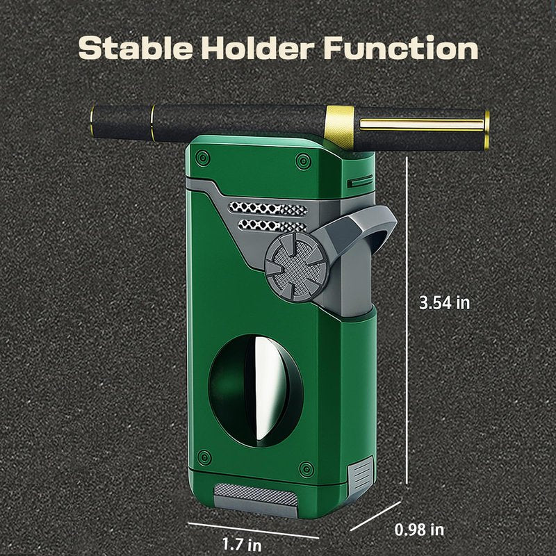 VloEssic 5 in 1 Butane Torch Lighter, 4 Jet Flame, Butane Lighter Refill Built-in V Cutter, Punch, Holder, Nubber, Windproof Jet Lighter for Candles, Cool Lighters Gift for Men (Without Gas) (Green)