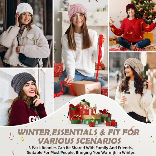 3 Pack Satin Lined Beanie for Women, Warm Slouchy Winter Hats with Silk Lined, Fashionable Oversized Cable Knit Hat Skull Cap-03