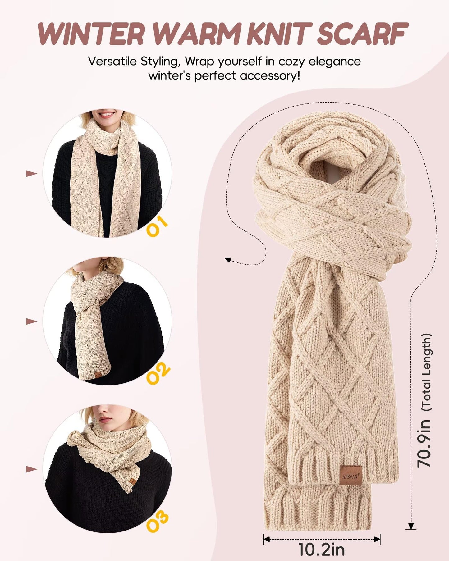 Womens Winter Hat Gloves Scarf Headband Set, Pom Pom Beanie with Fleece Lined Long Knit Neck Scarf Touchscreen Gloves Ear Warmer Headwear, 4 in 1 Warm Christmas Set for Cold Weather(Oatmeal)