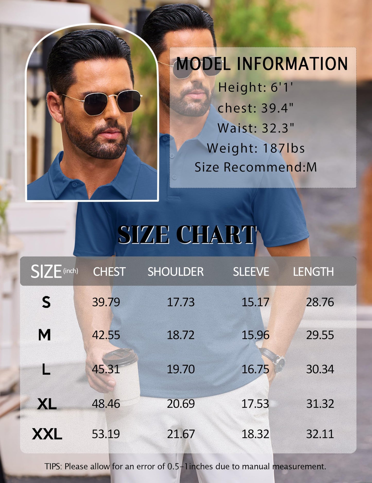 Cotrasen Polo Shirts for Men Cotton Pique Short Sleeve T-Shirts 3 Buttons Classic Fit Casual Athletic Performance Golf Tee Shirts Blue Gray L