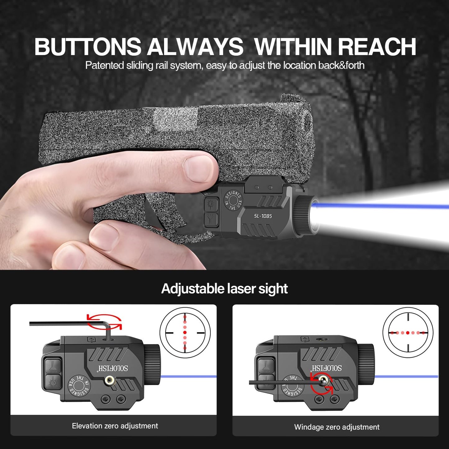 Solofish 800LM Adjustable Pistol Light - Shockproof Blue Laser Sight & Strobe Function | Rechargeable