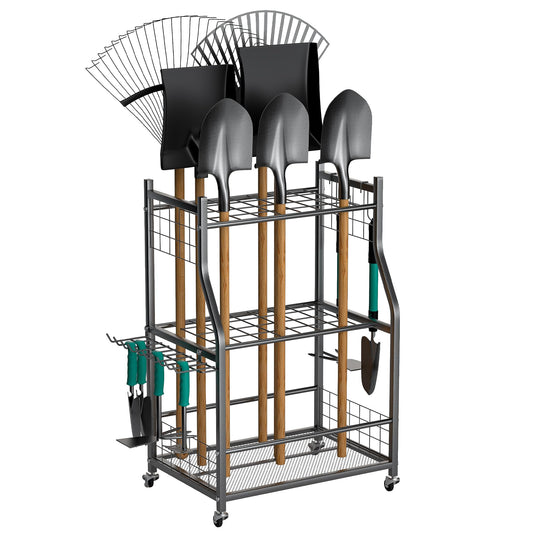 EVERHANGER Garden Tool Organizer Stand, Garage Tool Storage Organization, Yard Tool Racks with lockable wheels, Fit for Long-Handled Tools/Rakes/Brooms, Indoor/Outdoor Use