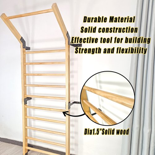 FC FUNCHEER Swedish Ladder,Gymnastics Stall Bar, Wall Mounted Pull Up Bar- Solid Wood With11 Strategic Rods-86.6 Inches Height, 32 Inches Width, Indoor Gym Workout Yoga