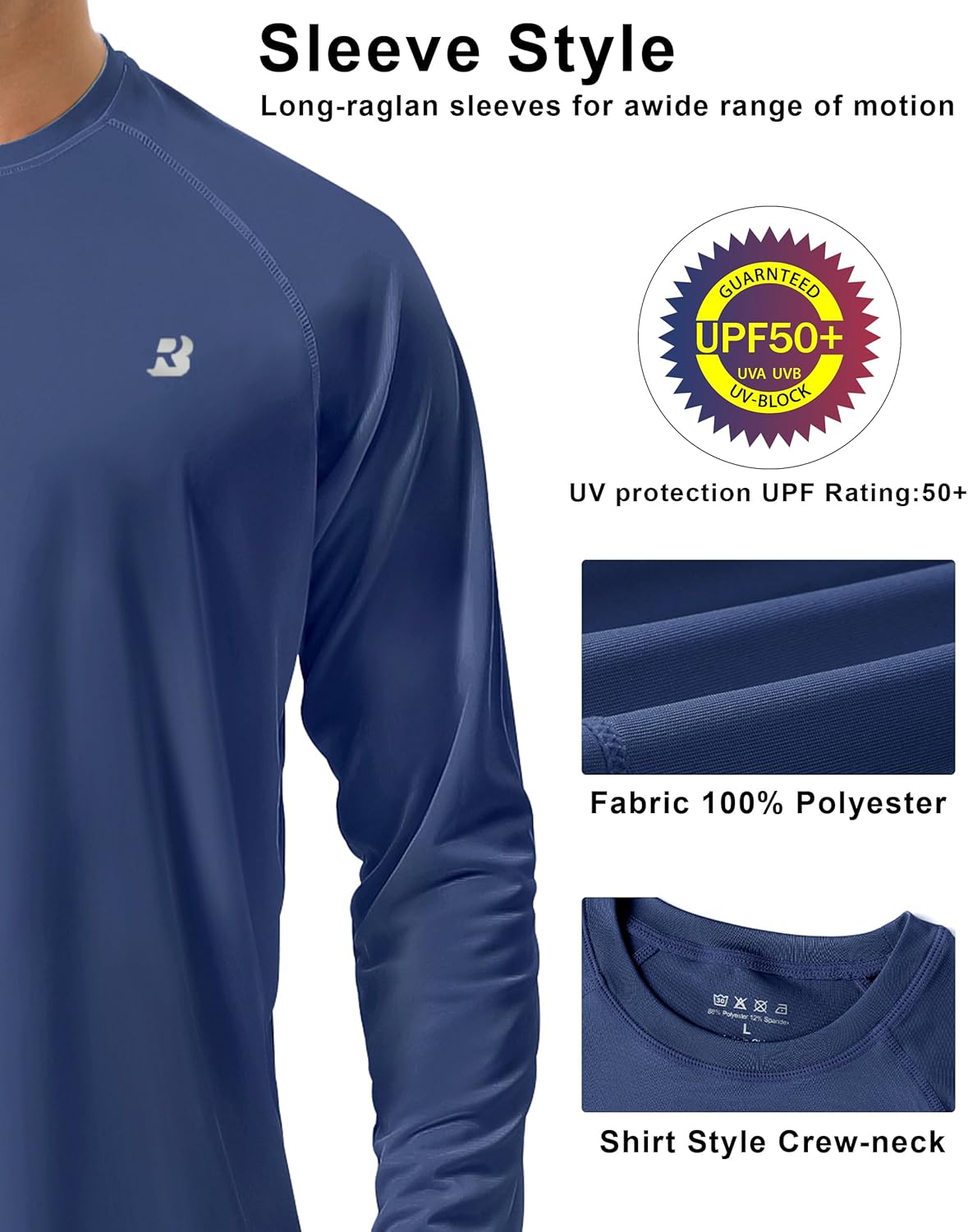 Roadbox Men's UV Sun Protection Shirt - UPF 50+ Long Sleeve Rash Guard for Fishing, Hiking & Running