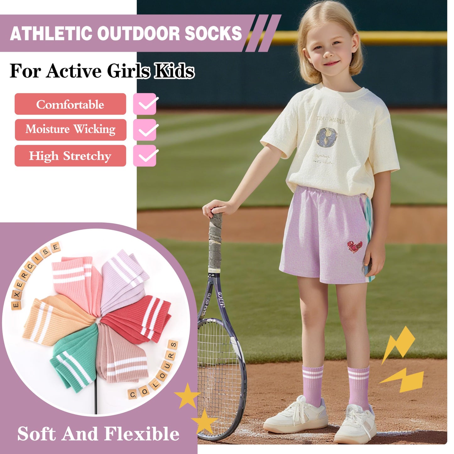 SAVALOS Kids Girls Socks Athletic Basketball Sport Youth Crew Cotton Gift Socks 6 Pairs Stocking Stuffers(Assorted,5-8 Years)