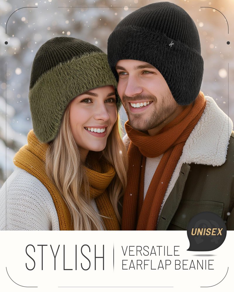 HAMUNI Winter Fleece-Lined Beanie with Earflaps, Warm Windproof Unisex Beanie Hat for Skiing, Hiking & Outdoor Winter Sports Pitch Black