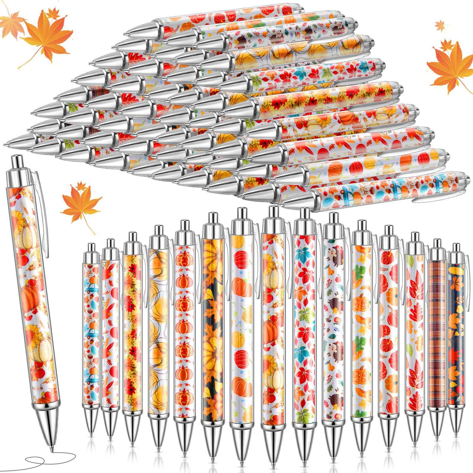 Resurhang 150 Pcs Thanksgiving Ballpoint Pens Bulk Fall Themed Pen 0.5 mm Autumn Maple Leaf Pumpkin Harvest Style Retractable Black Ink Pens Thanksgiving Party Favor Pen for Kid School Office Supplies