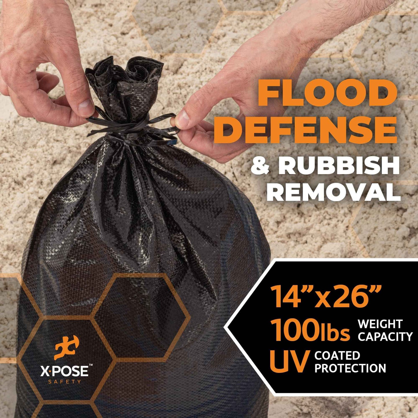 Xpose Safety Heavy Duty Sand Bags with Tie Strings – Empty Woven Polypropylene Sandbags for Hurricane Flood Protection, 100 lb Capacity, 14" x 26", Black, Pack of 100