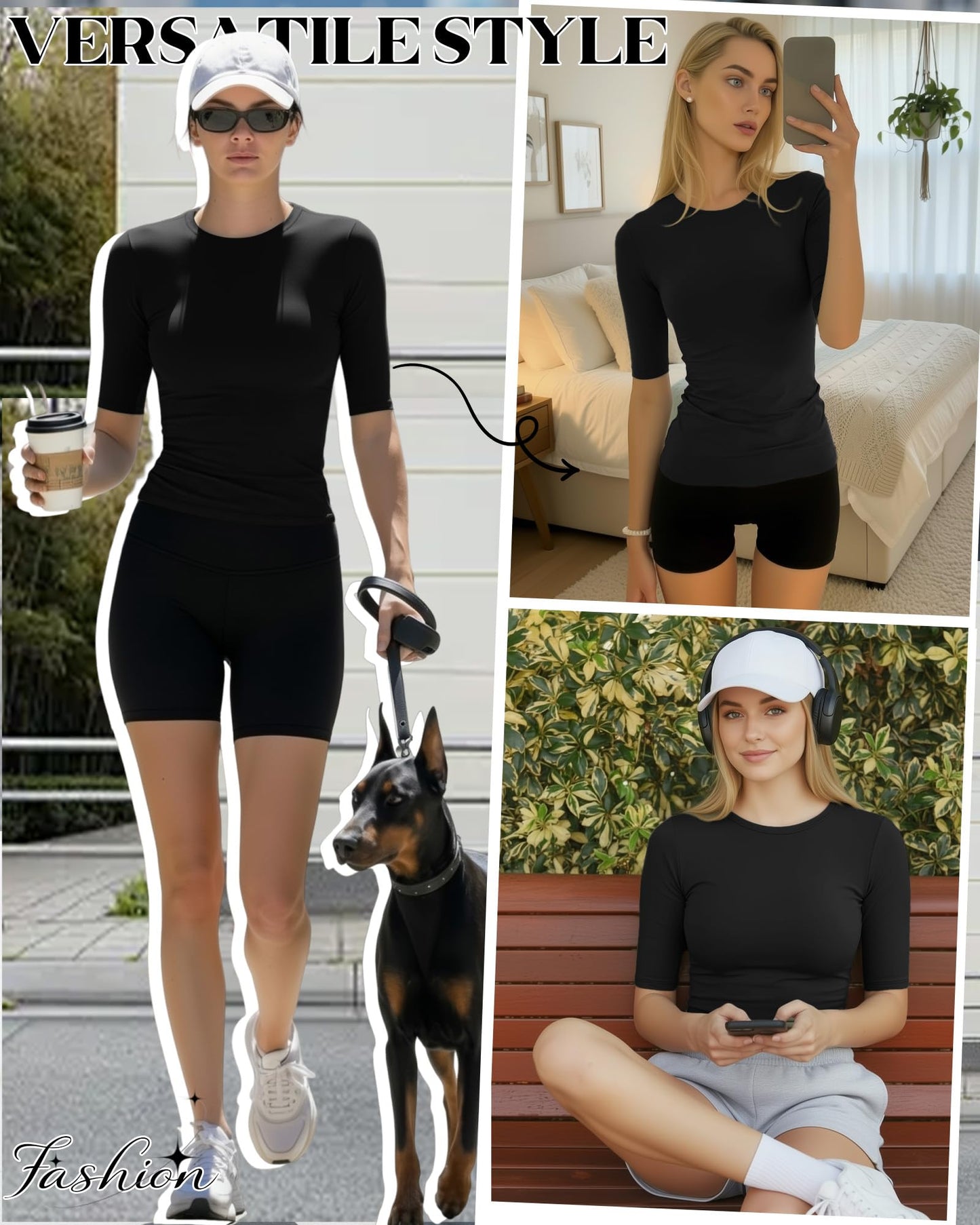 3 Pack Women's Workout Shirts Half Sleeve Compression Tops Slim Fit Elbow Length Crew Neck Tee Athletic 1/2 Sleeve T-Shirts(Medium,Black, Black, Black)
