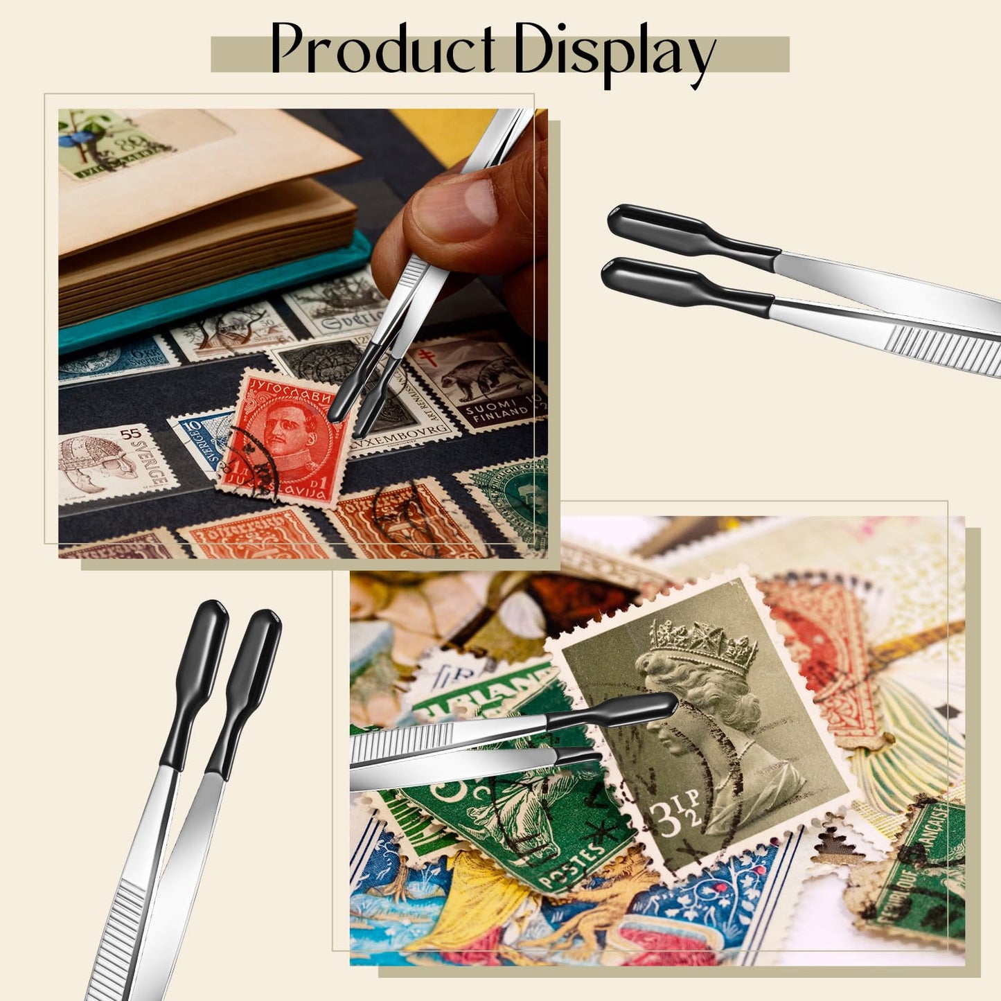 Jingmore 6 Pieces Tweezers with Rubber Tips Rubber Tipped Tweezer Cross Lock PVC Coated Tweezers Craft Jewelry Anti Scratch Long for Crafting Beads Jewelry Stamps Succulents Pet(Black)