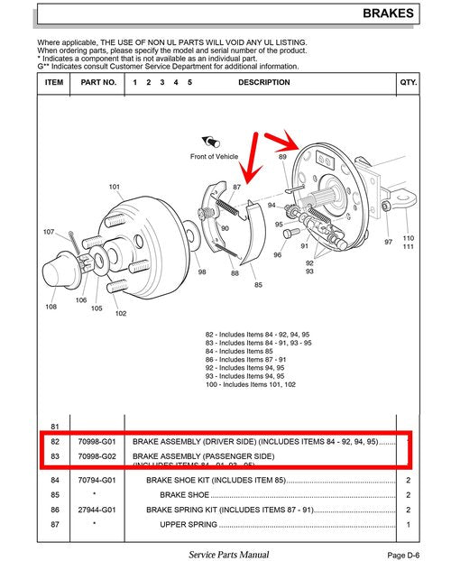 Dr.Acces Golf Cart EZGO Brake Assembly with Brake Shoes for EZGO Golf cart Replace OEM#70998-G01&70998-G02
