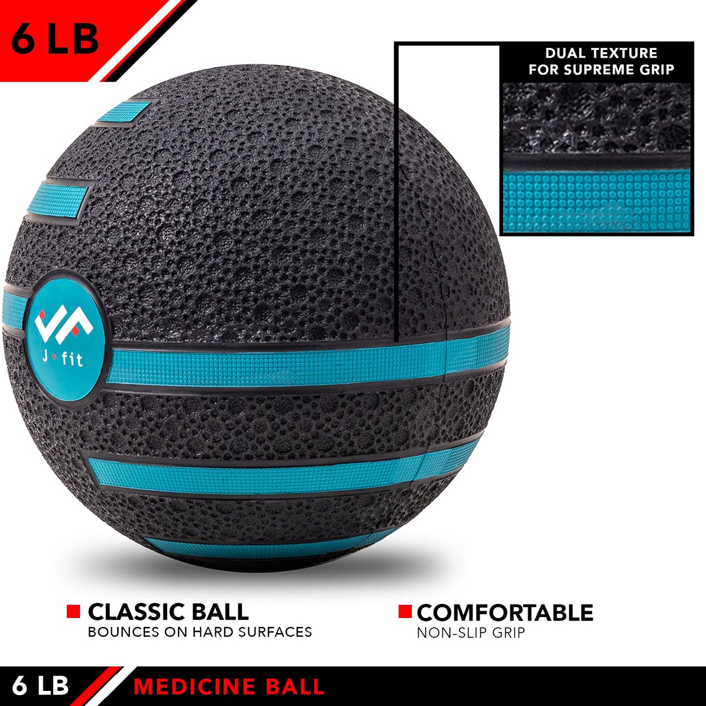 JFIT Dual Texture Medicine Ball – Weighted Exercise Ball for Strength, Core & Functional Fitness Training - 6 LB