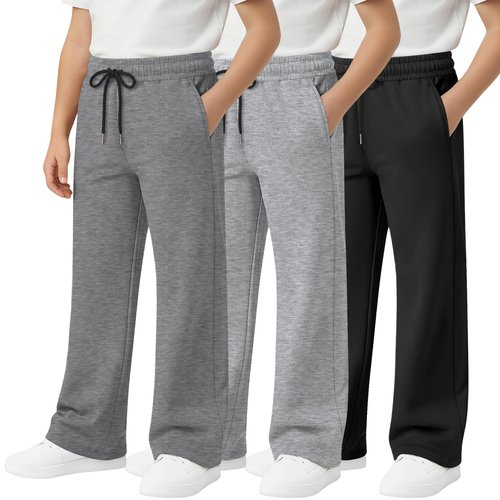 LessonZoo 3 Pcs Boys Sweatpants Wide Leg Open Bottom Drawstring Elastic High Waist Joggers Baggy Athletic Pants with Pockets(Black, Light Mixed Gray, Gray,13-14 Years)