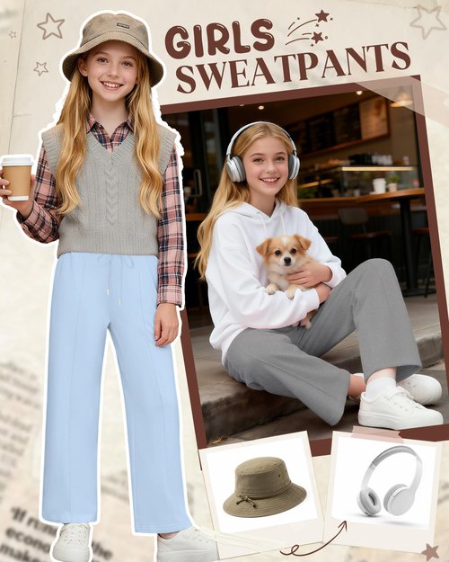 LessonZoo Girl's Fleece Lined Sweatpants, Wide Leg High Elastic Waist Jogger Straight Leg Baggy Drawstring Pants with Pockets(Blue, Gray, Black,9-10 Years)