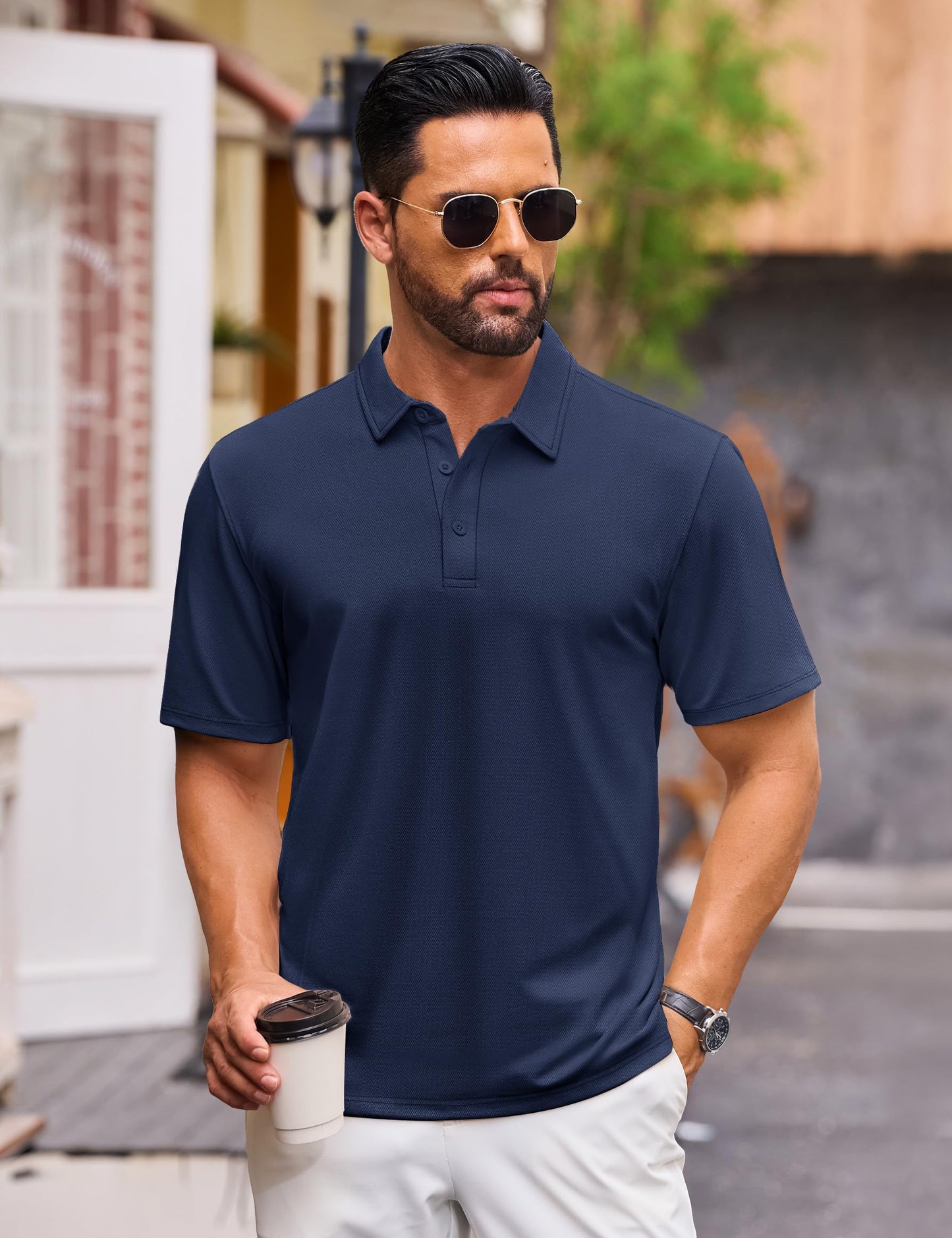 Cotrasen Men's Polo Shirts Short Sleeve Cotton Pique T-Shirts 3 Buttons Classic Fit Casual Soft Stretch Performance Golf Shirts Navy L