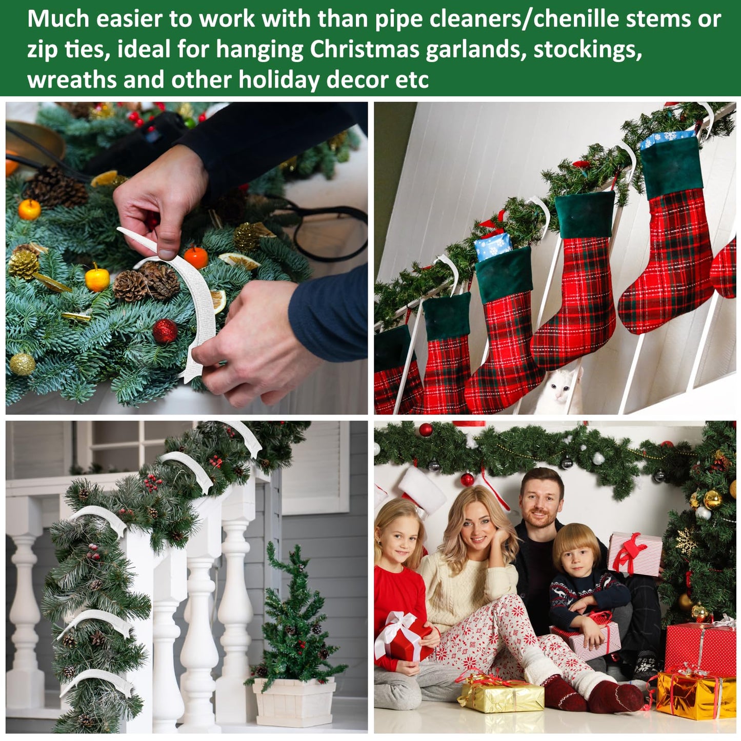 80Pcs Christmas Garland Ties White Hook and Loop Plant Cable Ties Adjustable Holiday Garland Ties Nylon Garden Plant Cable Strap for Wreath Garland Making Xmas Tree Door Banister Stairway Decoration