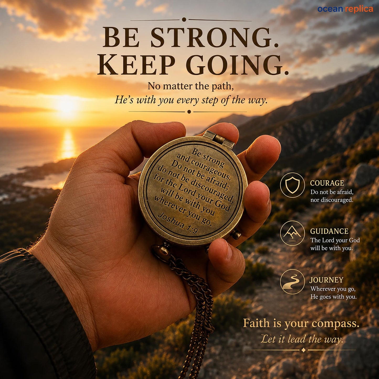 Be Strong and Courageous Compass – Antique Nautical Magnetic Compass with Engraved Scripture Quote – Baptism Gift with Wooden Box for Son, Father, Husband, Loved One