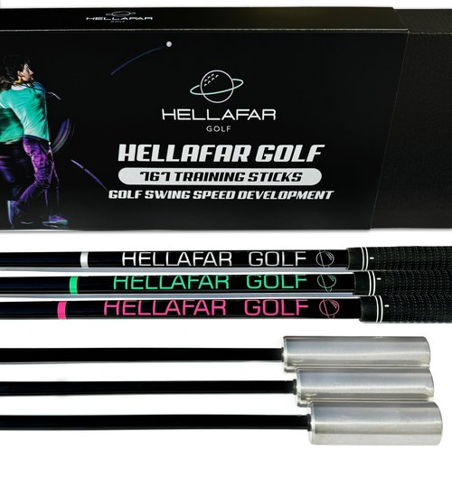 HELLAFAR GOLF Golf Swing Speed Training Sticks | Increasing Club Head Speed and Distance | 6 Month Swing Stick Training Program | Includes 3 Weighted Golf Speed Sticks w/Bonus Stretch Program