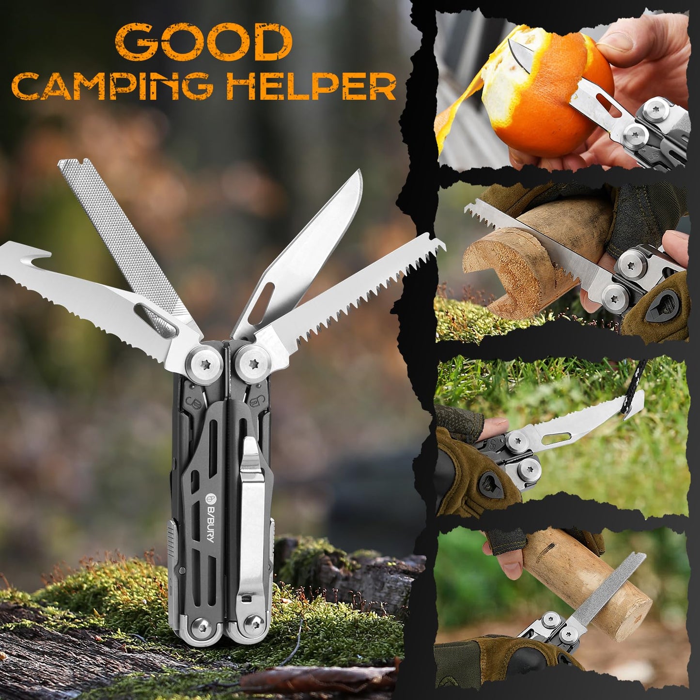 BIBURY Multitools BI2038C, 22-in-1 Stainless Steel Pocket Knife with Scissors, Foldable Self-locking EDC Multi tools Pliers with Sheath for Outdoor Hunting Survival Camping Simple Repair