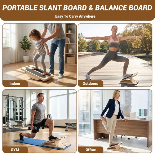 Grainly 2-in-1 Wooden Slant Board & Balance Board | Adjustable Incline Board for Calf Stretching, Squat Wedge, Ankle Support | Suitable for pain relief therapy and core strength training| Includes Workout Poster & Resistance Band