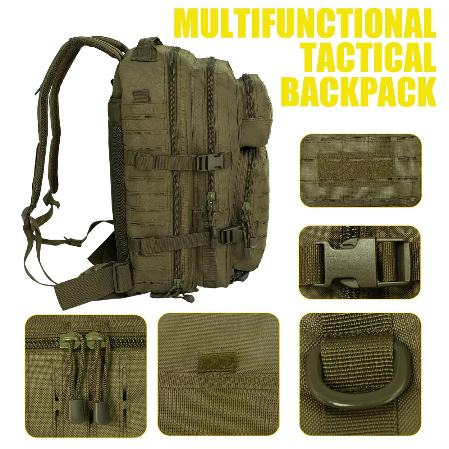 PAIWPHLI Small Tactical Backpack Assault Pack Bug Out Bag 40L Military Backpack with Molle for Hiking Hunting Rucksack Trekking (Green)