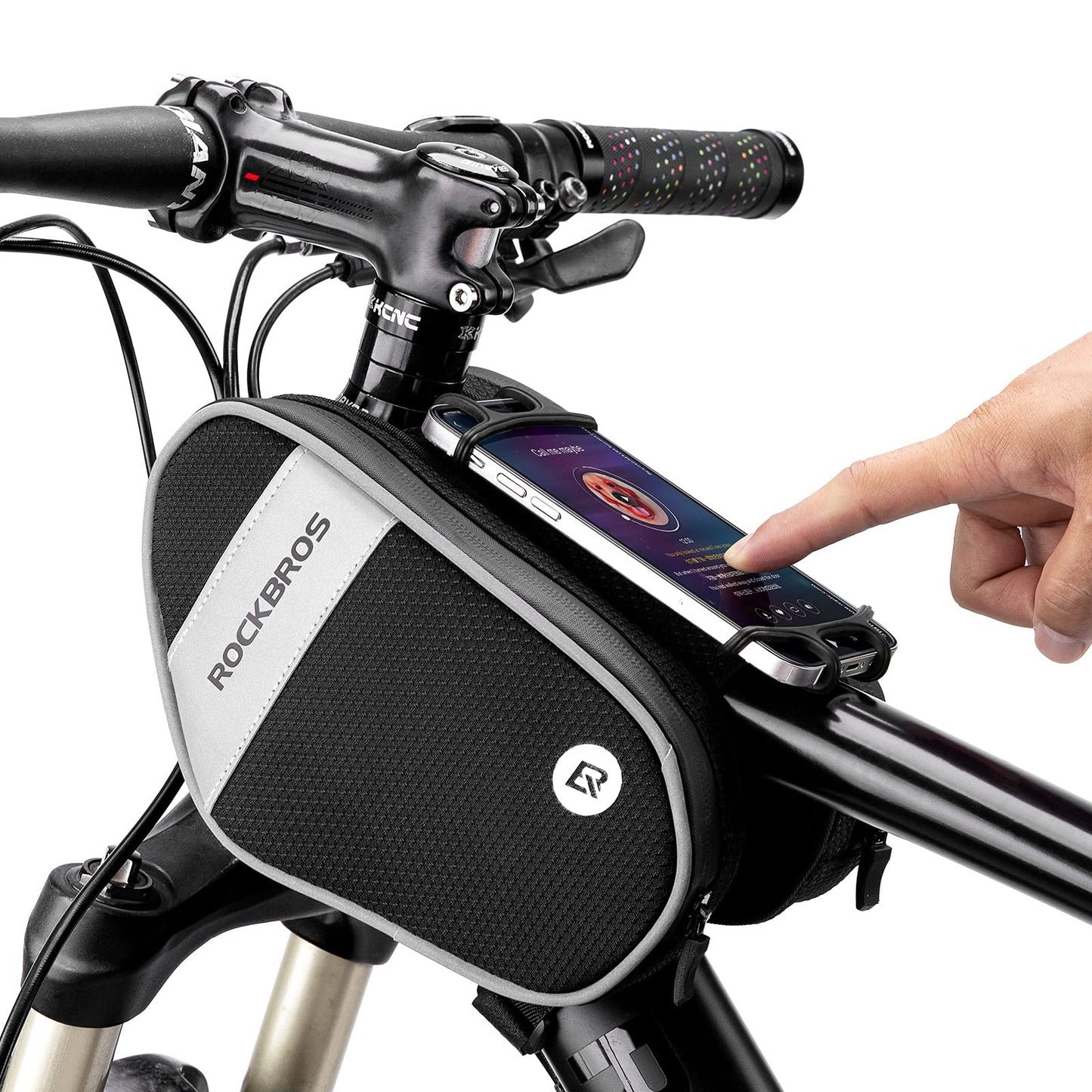 ROCKBROS Bike Front Frame Bag Top Tube Bike Phone Mount Bag Waterproof Bicycle Handlebar Cycling Accessories Pouch with 360° Rotation Phone Holder Fit Smartphone Below 7''