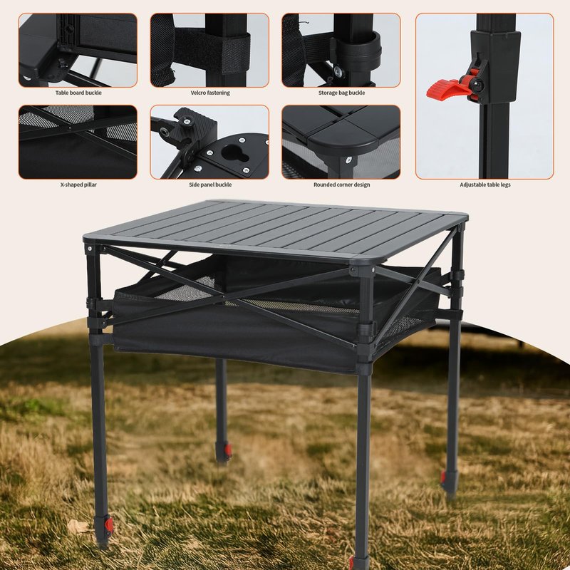 Nice C Aluminum Square Table, Adjustable Height Folding Camping Table, Lightweight Collapsible Table with Roll-up Tabletop, Carry Bag, for Outdoor, Camping, Picnic, backyards, BBQ (16'' Small)