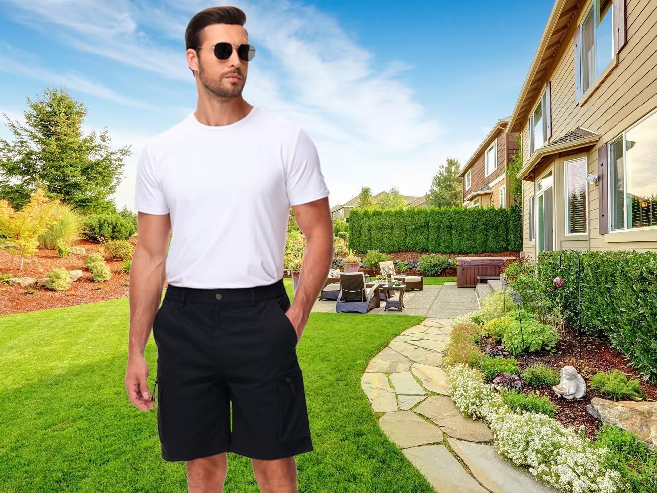 QPNGRP Men's Cargo Shorts - 9" Inseam Stretch Waist with 6 Pockets for Ultimate Comfort