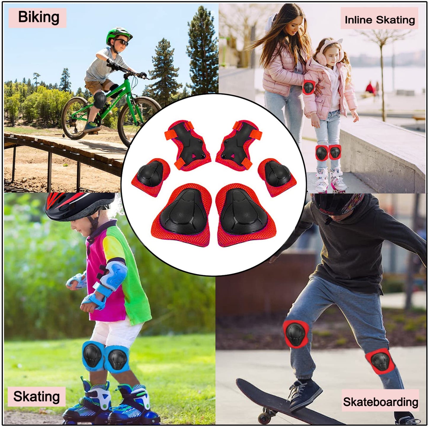 Oeyliz Kids Knee Pads Elbow Pads Guards 6 in 1 Protective Gear Set Ages 3-7 Toddler Boys Girls Kids for Multi Sports Roller Skates Cycling BMX Bike Skateboard Inline Skating (Red)