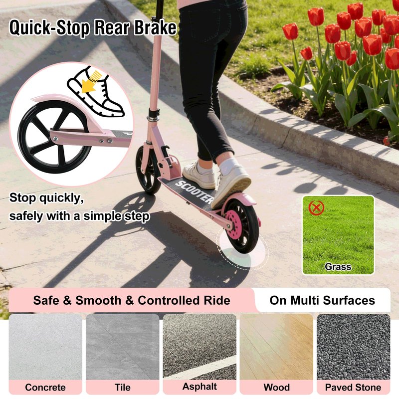 Scooter for Age 6+, with Carry Straps, Folding Kick Scooters for Kids 8-12,Teens, Adults up to 250Lbs,3 Adjustable Height, Rear Brake, Wide Antislip Deck, Lightweight Scooter for Boys Girls