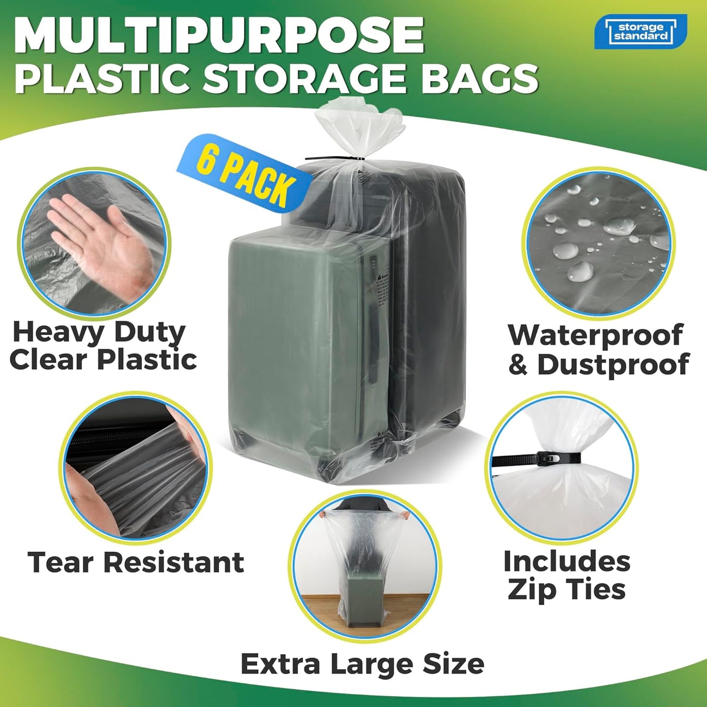 Storage Standard Large Clear Plastic Bags - Waterproof Heavy-Duty 6-Pack for Luggage & Travel Gear | 40 x 60 Inches