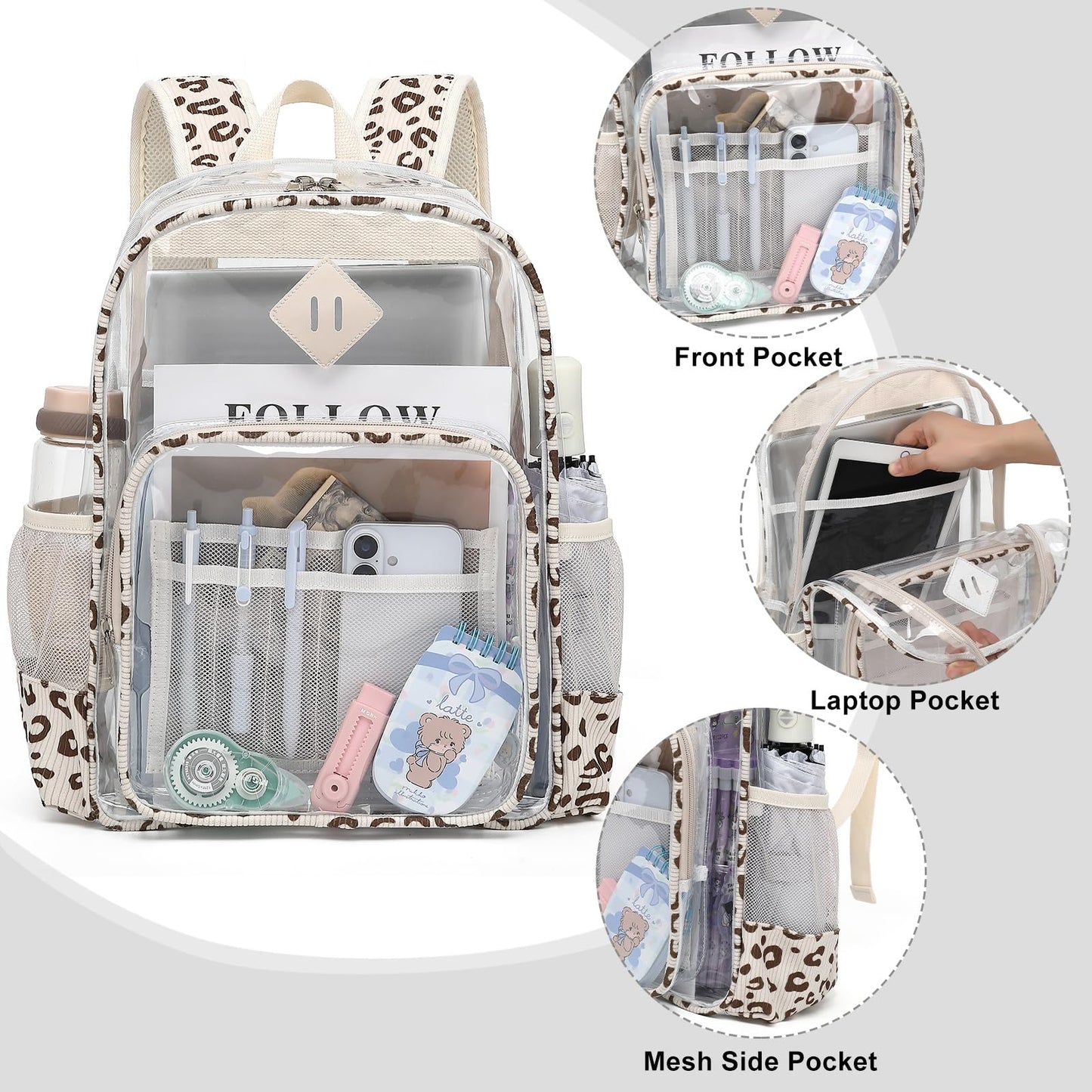Xunteny Clear Backpack for Girls Women School Bookbag Heavy Duty Transparent Backpacks (Beige Corduroy Leopard)