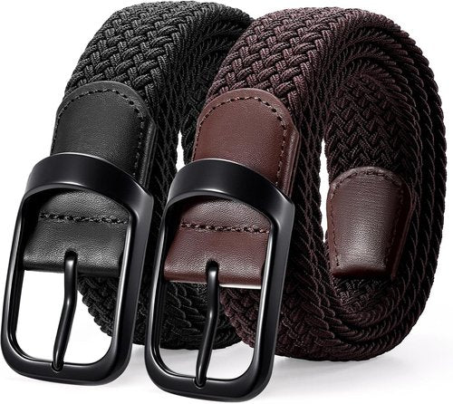 LEACOOLKEY Stretch Belts for Men - Elastic Woven Braided Design | 2 Pack Casual Golf Belts for Jeans