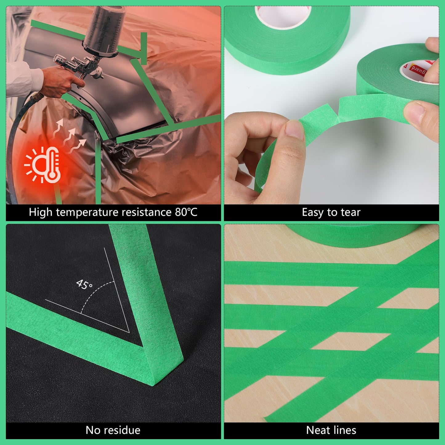 4 Pack Automotive Refinish Masking Tape 17mm×50m Green Masking Tape Automotive Painters Tape, Heat Resistant Green Painters Tape for Car Edges Repair Packaging Masking