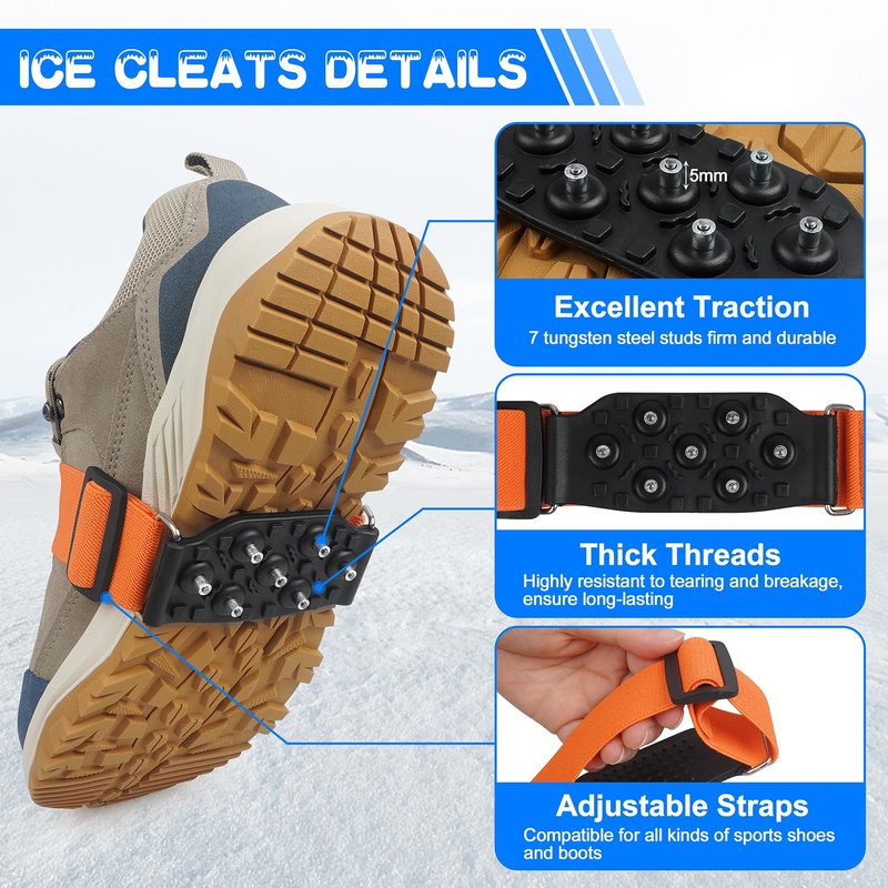 Ice Cleats Mid-Sole Traction Cleats Crampons Anti Slip Cleats for Shoes and Boots 7 Tungsten Studs Snow Grippers with Adjustable Straps Winter Walking on Ice (M- 1 Pair)