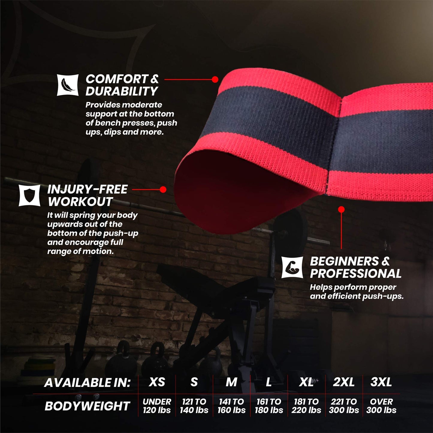 Sling Shot Mark Bell Pushup Exercise Assistance Workout Band for Men and Women to Assist with Bench Press, Dips, and Push Ups – (Level 1 Tension, Red/Black, X-Large)
