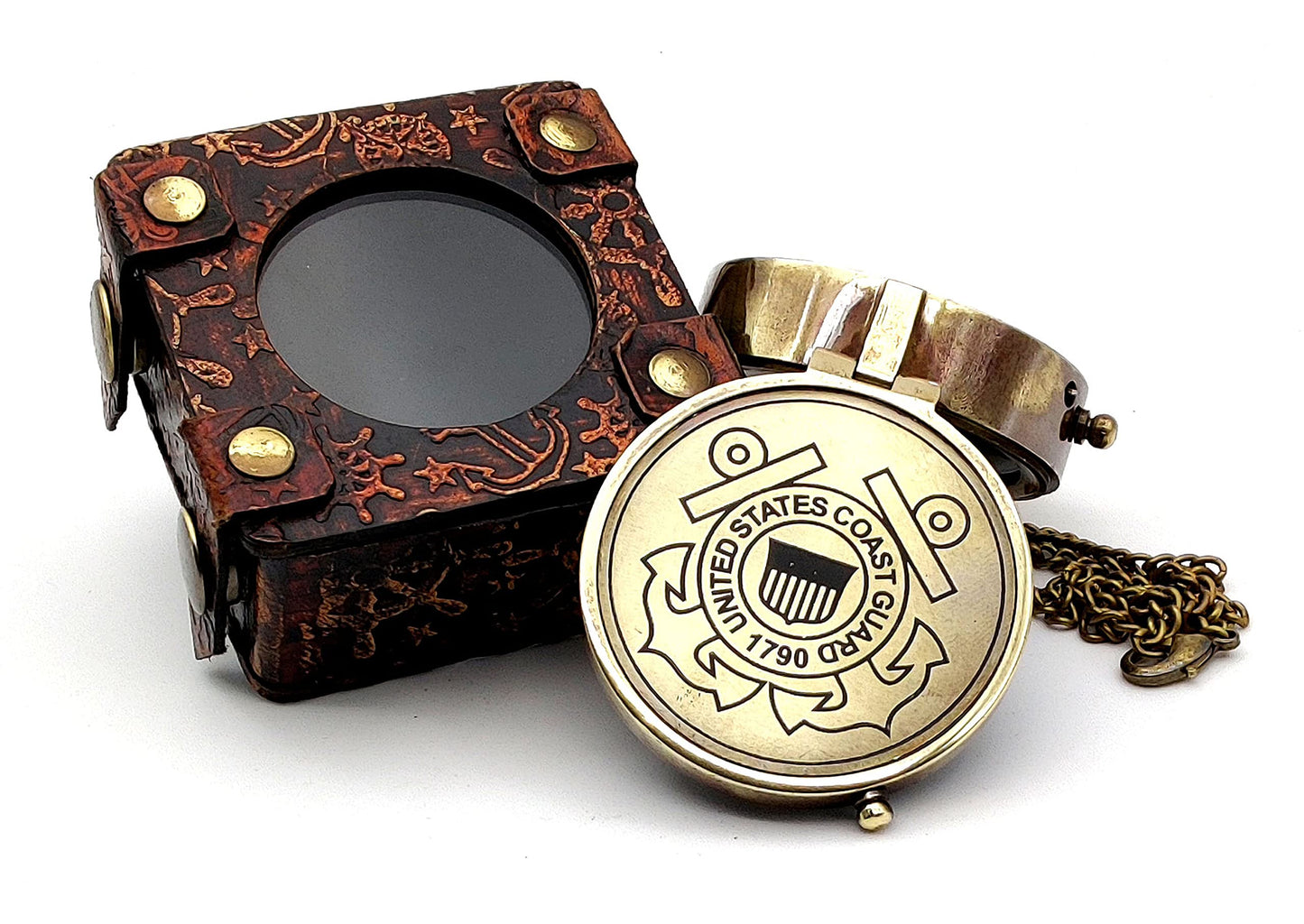 5MoonSun5's US Coast Guard Engraved Brass Military Compass with Leather Display Case - Nautical Marine Navigation Compass for Hiking Camping for Army Person