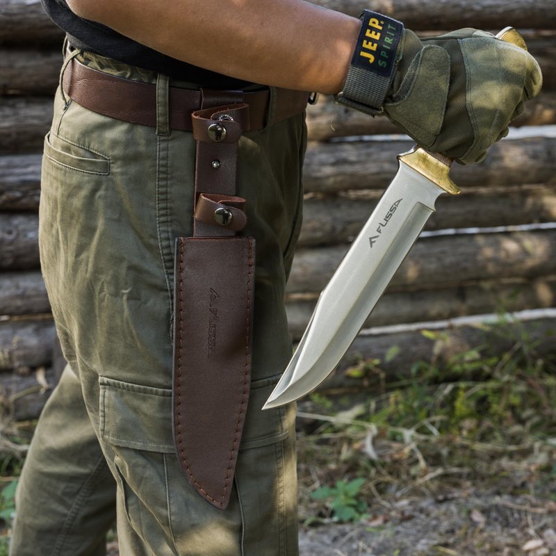 FLISSA 14-inch Bowie Full-tang Fixed Blade Knife with Wood Handle, Hunting Knife with Leather Sheath for Outdoor Survival, Camping, Hiking