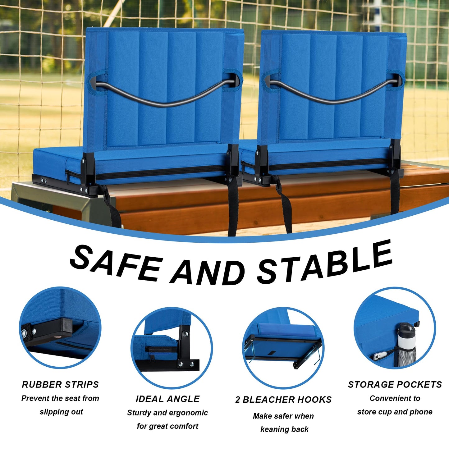 Aliphon Stadium Seat for Bleachers with Back Support and Cushion, Bleacher Seats with Shoulder Strap and Cup Holder, Padded Portable Folding Comfort Stadium Chair, for Sports Events, Blue (1pcs)