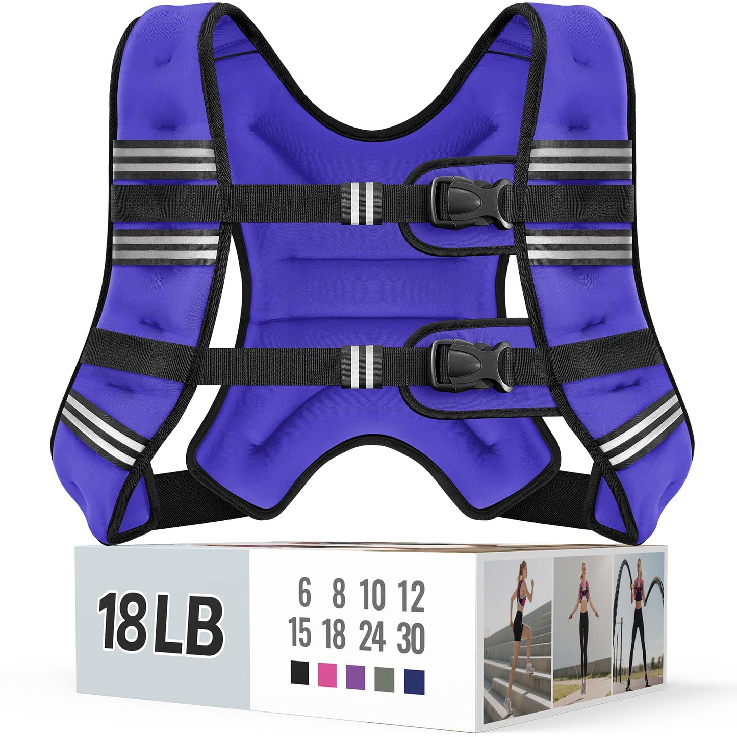 Zeerun Weighted Vest, 6lb/8lb/10lb/12lb/15lb/18lb/20lb/24lb/30lb for Men Women, Reflective Stripe Adjustable Buckle, Comfortable Durable Rucking Vest for Walking Running Strength Training, 18LBS-Purple