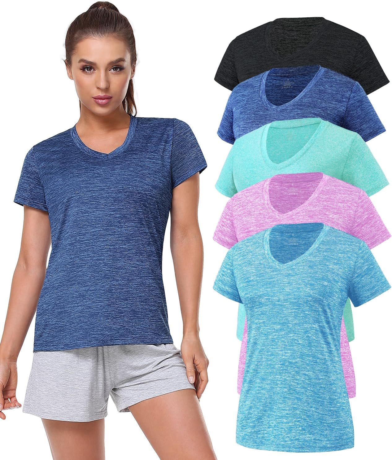 Xelky Women's Dry Fit V-Neck T-Shirt - 3-4 Pack Moisture-Wicking Athletic Activewear Tee