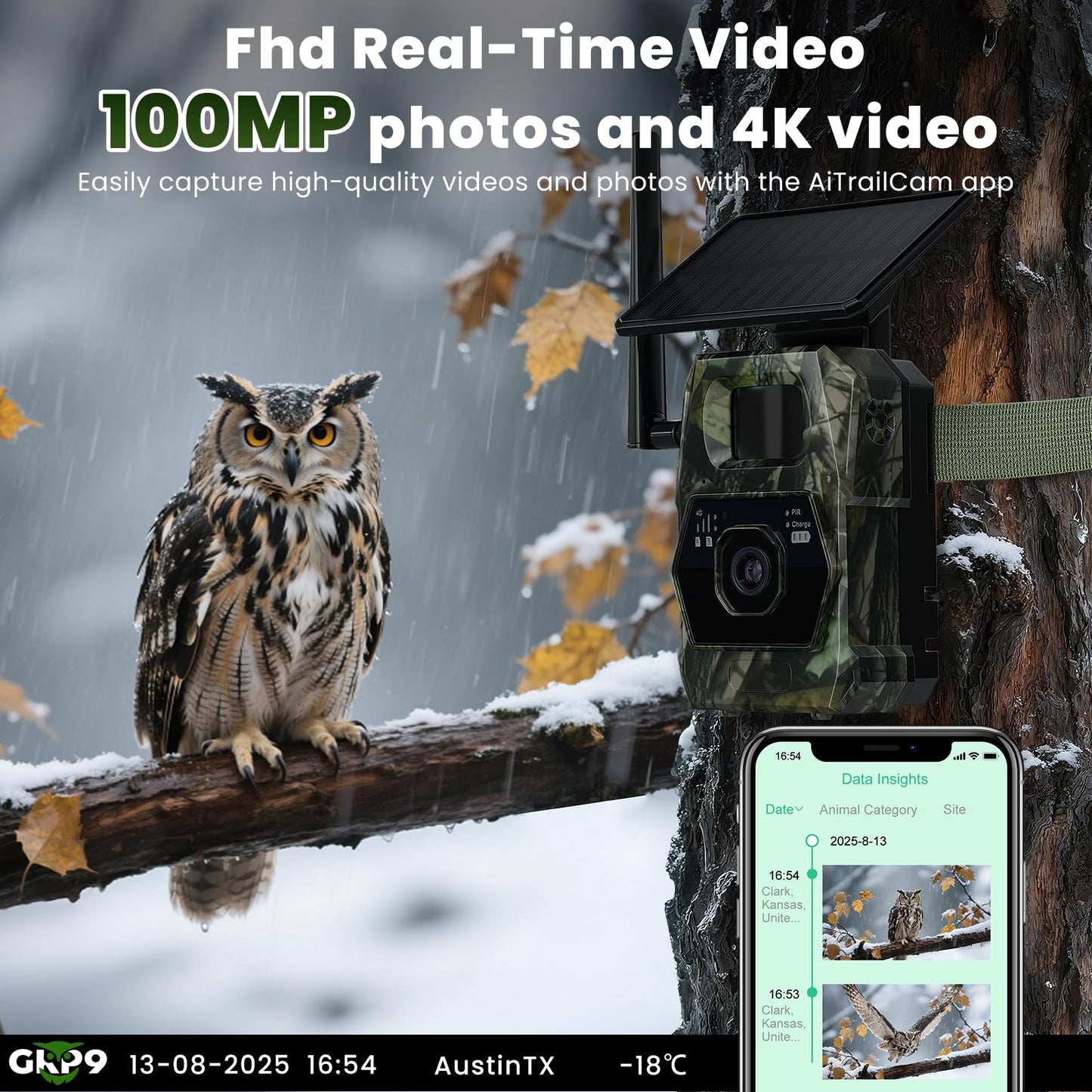 GKP9 Ai Trail Camera Cellular — Game Camera with Built-in Solar Panel, 32GBSd and SIM Card, 100mp Photos, 4k Videos 2 Way- Talk with Night Vision Motion Activated Waterproof