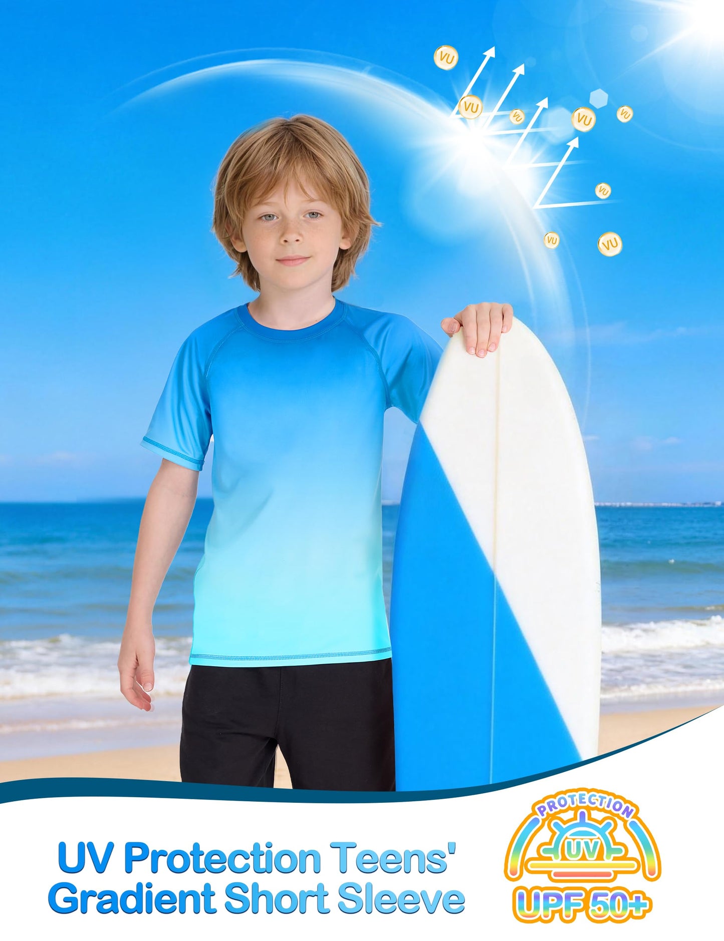 DRONIRING Boys' Rash Guard Swim Shirt, UPF 50+ Sun Protection Short Sleeve, Kids Youth Water Shirt for Swimming Surf Beach