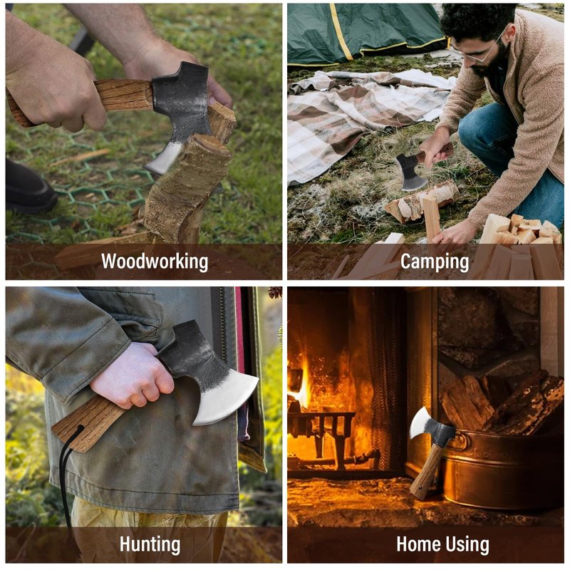 Small Camping Axe with Leather Sheath, 8.46" Backpacking Hatchet with Wooden Handle, Splitting Axe for Jungle, Gardening, Hunting, Survival