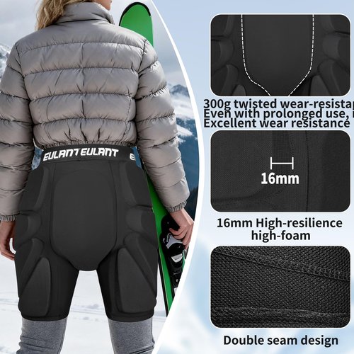 EULANT 3D Protection Hip Butt Pads Protective Padded Shorts Crash Pad Impact Gear for Skiing Skating Snowboarding Black