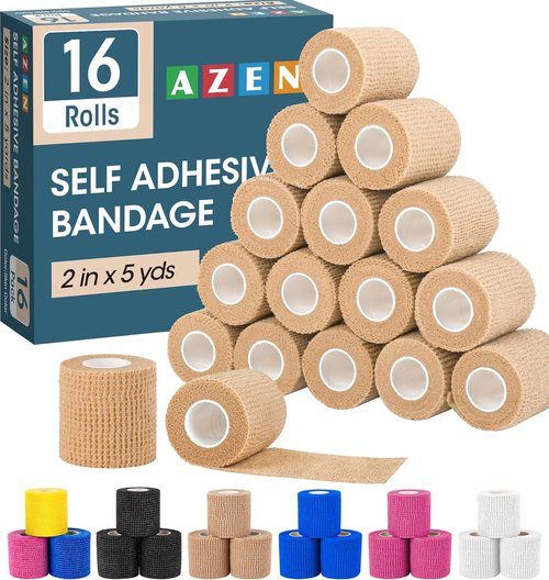 AZEN Self-Adhesive Bandage Wrap - 16 Pack, 2" x 5 Yards, Elastic Skin Color Athletic Tape