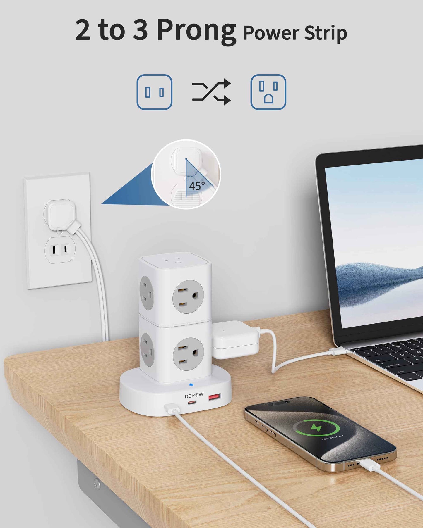 DEPOW 2 Prong Power Strip, 2 to 3 Prong Outlet Adapter with 9 Outlets 3 USB Ports (2 USB C), 1700J Two Prong Surge Protector, 5FT Extension Cord, Wall Mount for Old House Non-Grounded Outlets