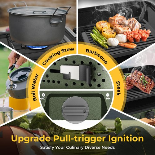 Camping Stove, 2 Burner Propane Stove With Grill,17,000 BTU Camp Stove, Foldable Camping Stove Propane Includes Carry Bag,Windscreen & Grill,Adjustable Burners & Piezo Ignition for Tailgating,BBQ,Camp