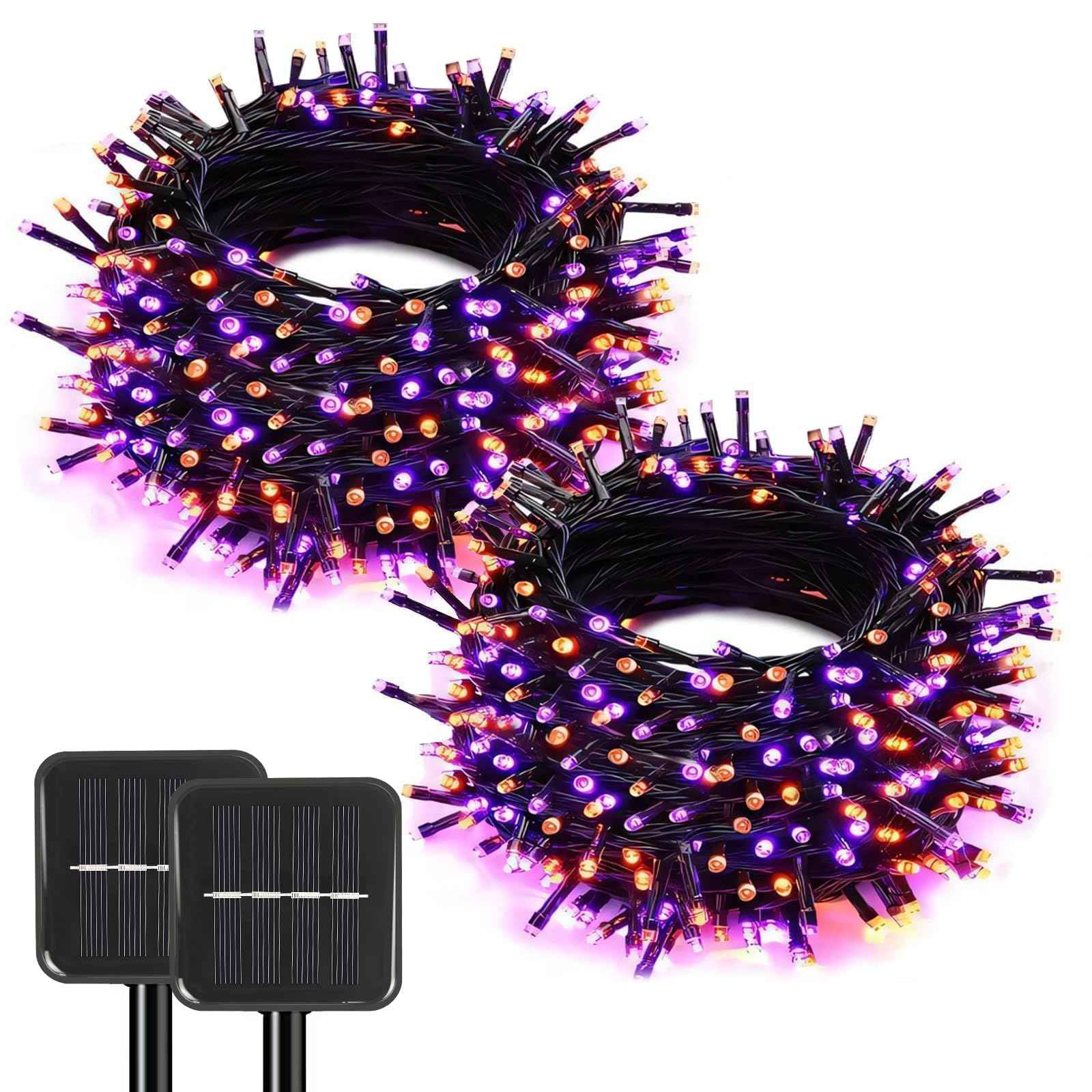SyouHome 2-Pack Solar String Lights,78Ft Extra-Long 200 LED Waterproof Solar Halloween Lights, 8 Modes for Garden, Patio, Wedding (Purple & Orange)